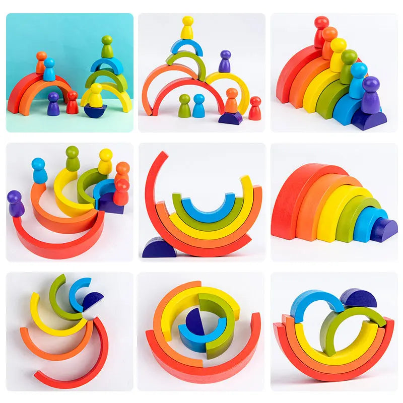 Blocs de Construction Montessori Bois Arc-en-ciel – Créatif, Colorés, Poli Main, Dès 18 Mois, Déco & Éveil, Cadeau Enfant