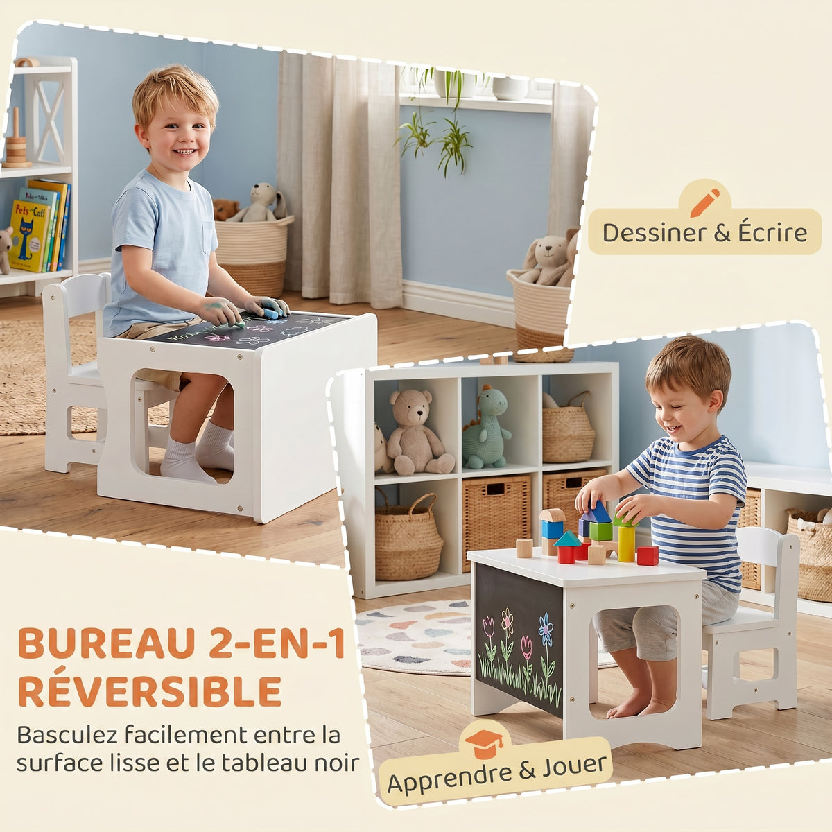 Ensemble Bureau & Chaise Enfant – Plateau Réversible Tableau Noir 2-en-1, MDF E1, Bords Arrondis, Blanc, 3-6 Ans