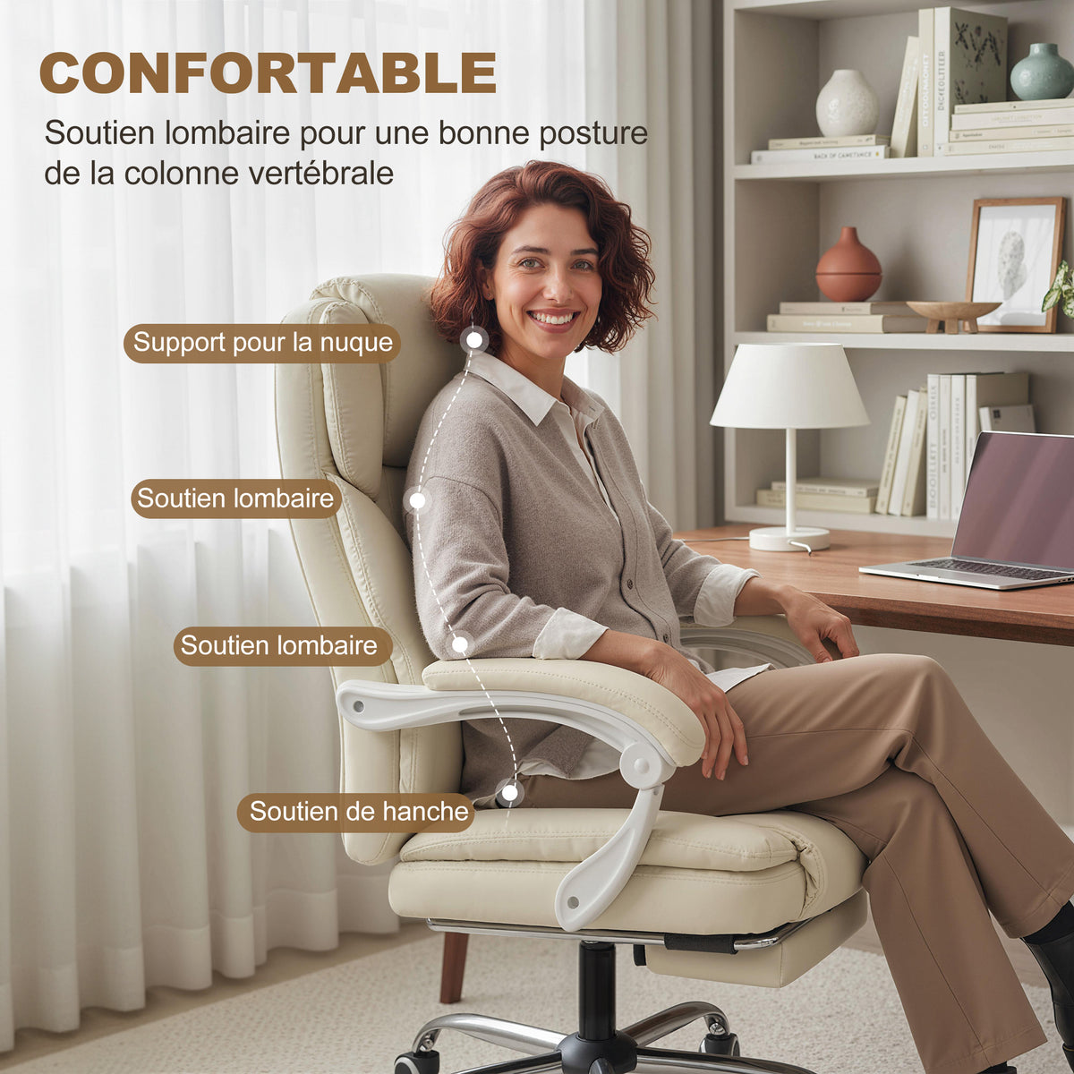 Fauteuil de Bureau Ergonomique Beige – Cuir Synthétique Anti-Griffures, Repose-Pieds, Inclinaison 155°, Mousse Haute Résilience, 120kg