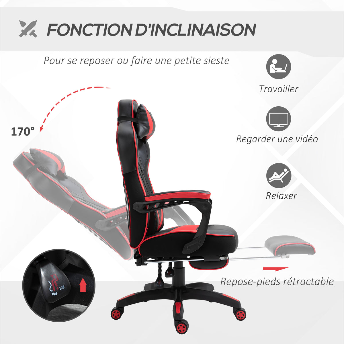 Fauteuil Gaming Racing Baquet – Repose-Pieds Rétractable, Coussins Têtedrière & Lombaires, Dossier 170°, Ergonomique, Rouge & Noir, 120kg