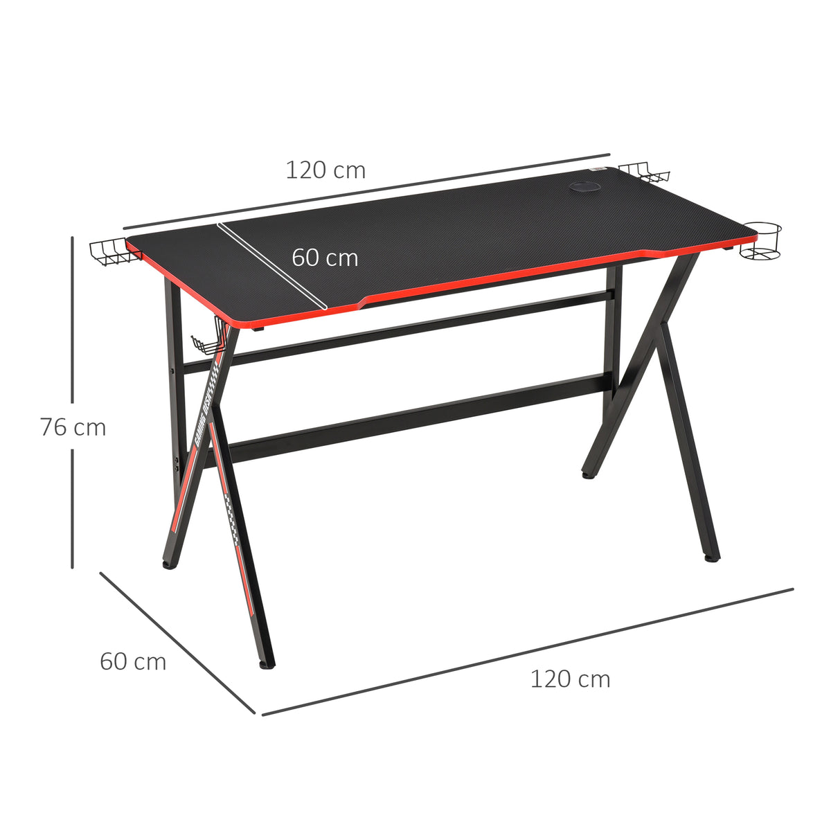 Bureau Gaming Racing 120cm – Plateau Texture Carbone, Support Casque, Brackets & Porte-Gobelet, Châssis Métal, Rouge & Noir