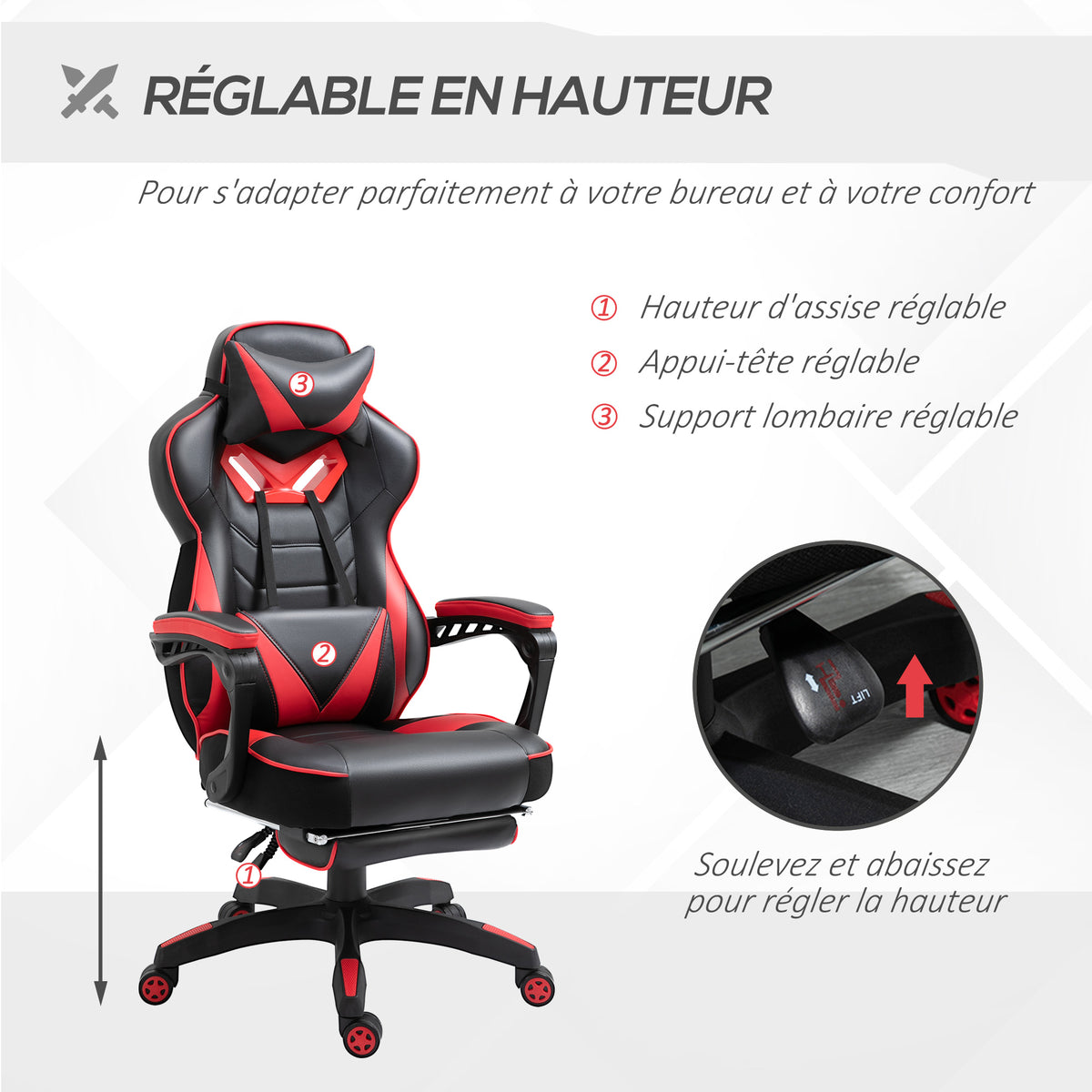 Fauteuil Gaming Racing Baquet – Repose-Pieds Rétractable, Coussins Têtedrière & Lombaires, Dossier 170°, Ergonomique, Rouge & Noir, 120kg