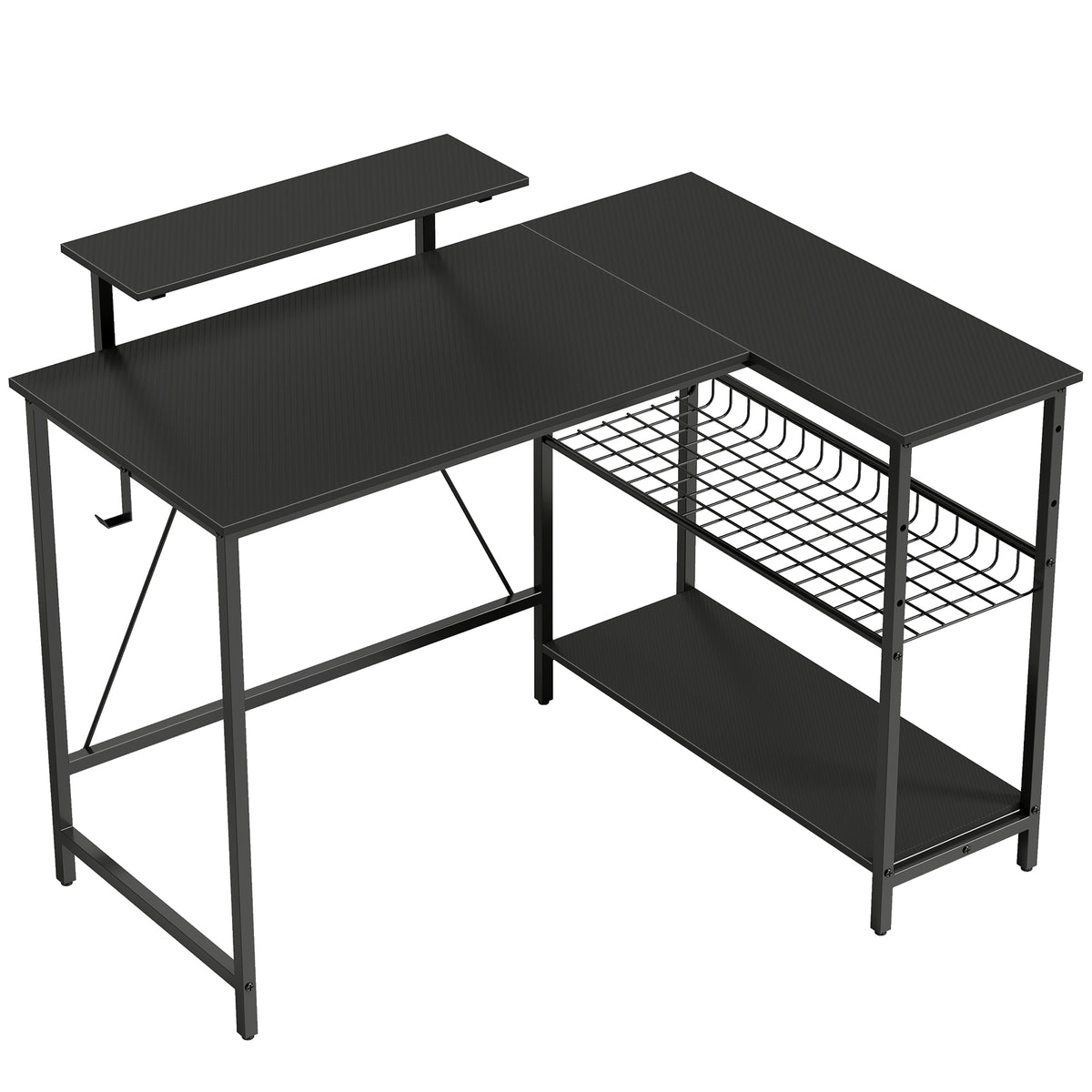 Bureau Gaming en L Réversible – Support Écran Intégré, Étagère Maille 3 Niveaux, 114.5x82x91.5cm, Acier & MDF, Noir