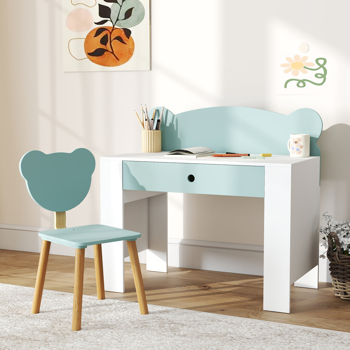 Ensemble Bureau & Chaise Enfant Vert – Dossier Ours Ludique, Tiroir, Plateau 80cm, MDF & Pin, 3-8 Ans, Norme EN71