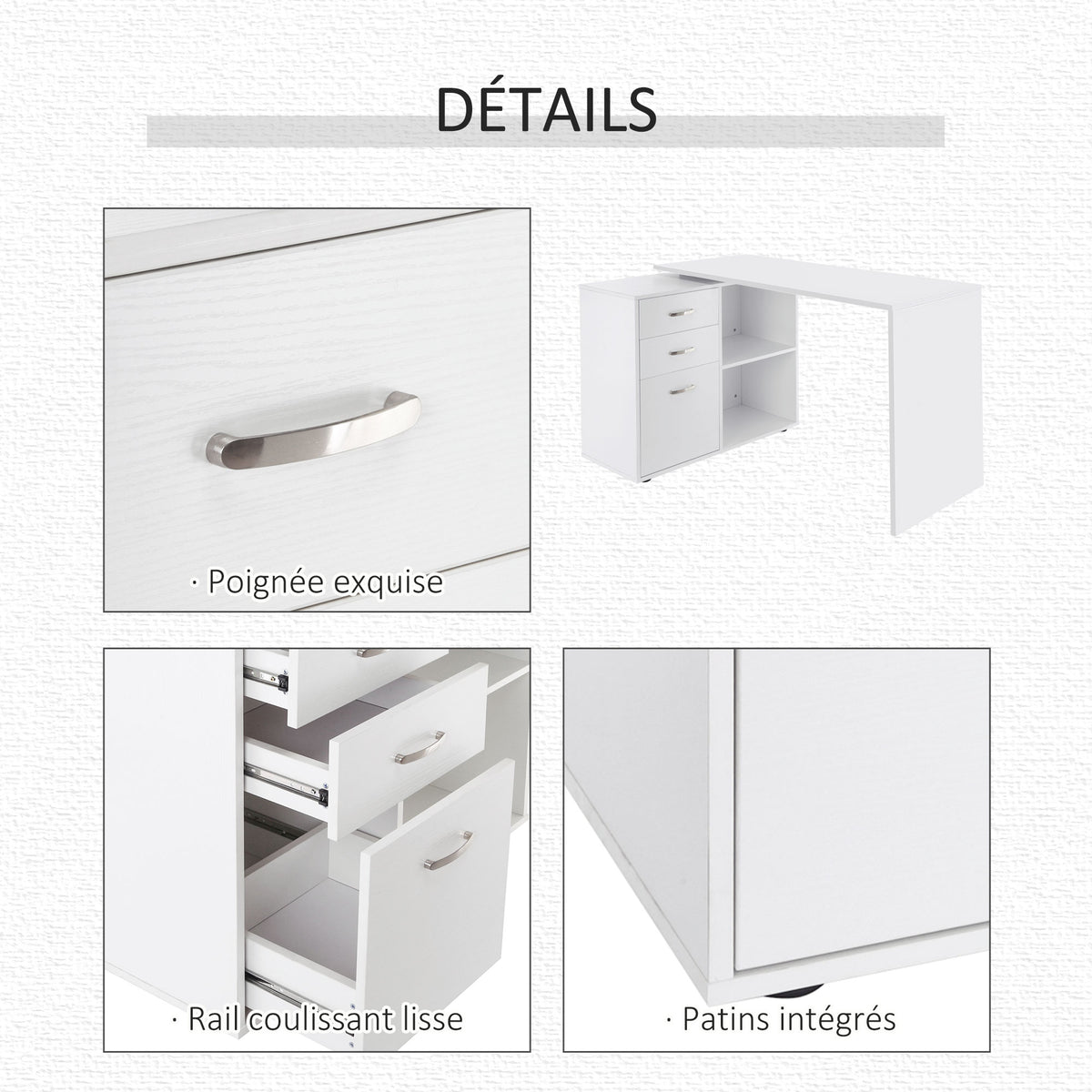 Bureau Modulable 2-en-1 – Angle ou Droit, 3 Tiroirs & 2 Niches, MDF Blanc, Petit Espace, Bureau & Salle à Manger