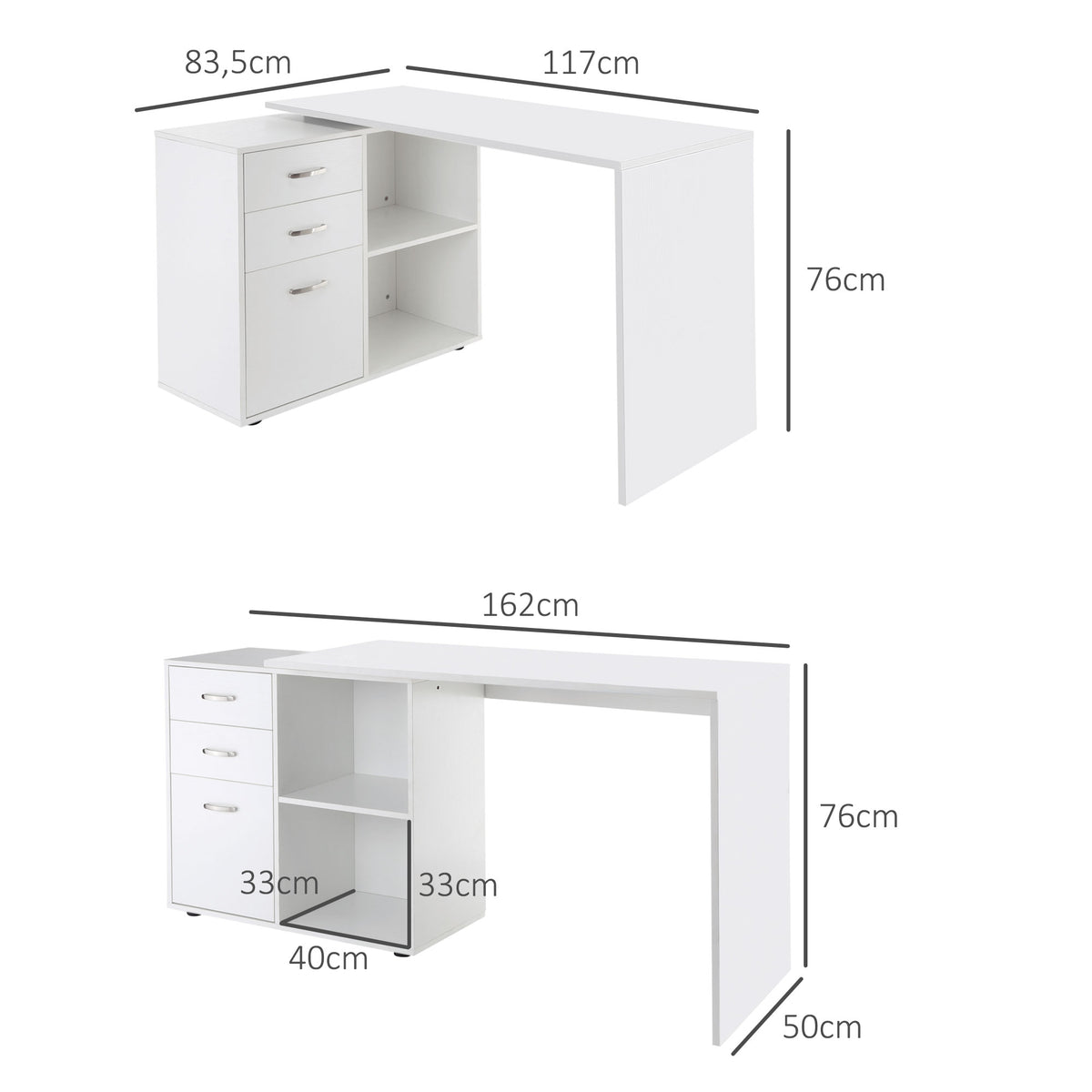 Bureau Modulable 2-en-1 – Angle ou Droit, 3 Tiroirs & 2 Niches, MDF Blanc, Petit Espace, Bureau & Salle à Manger