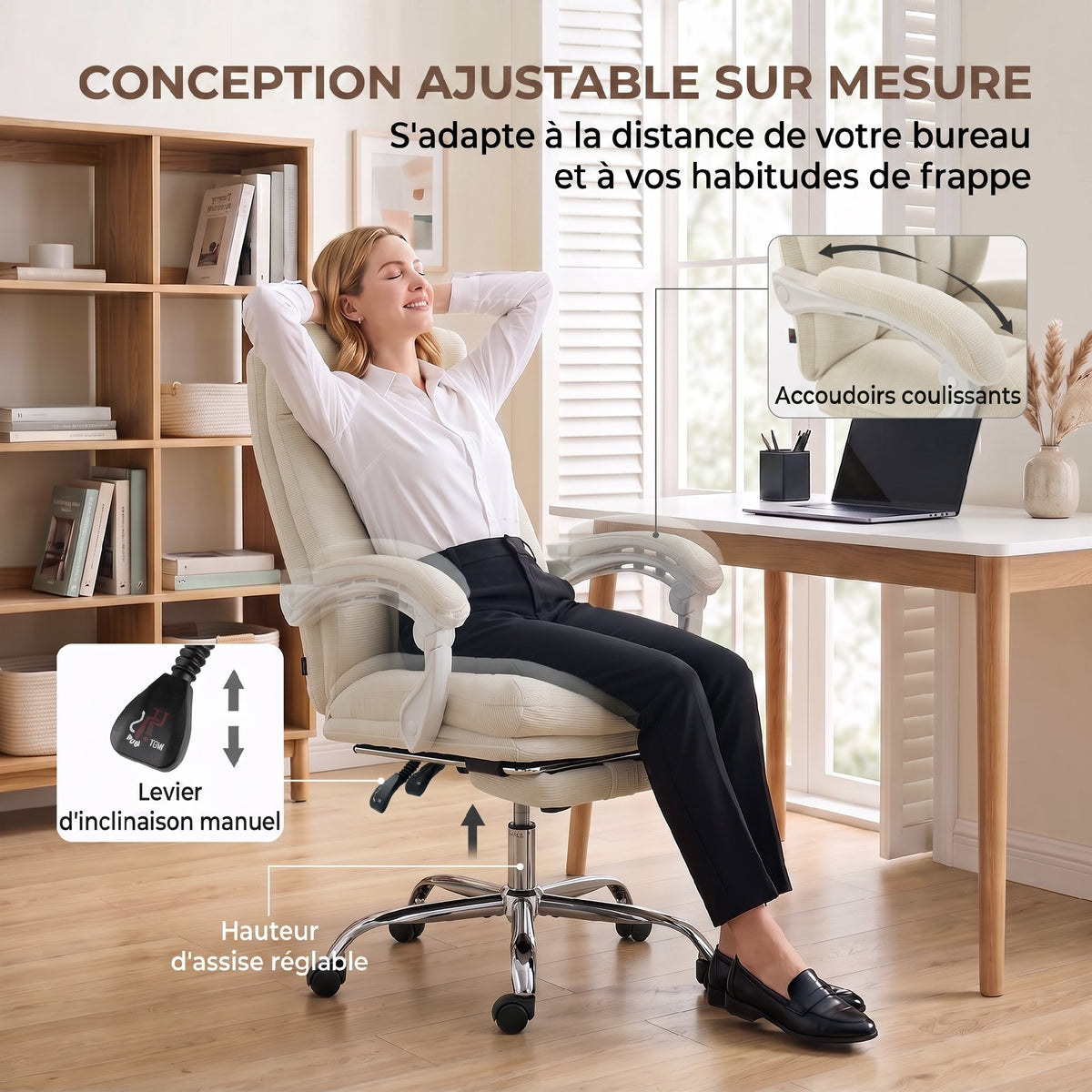 Fauteuil de Bureau Ergonomique Crème – Tissu Chenille Doux, Coussin 15cm, Repose-Pieds, Inclinaison 135°, Accoudoirs Réglables, 120kg