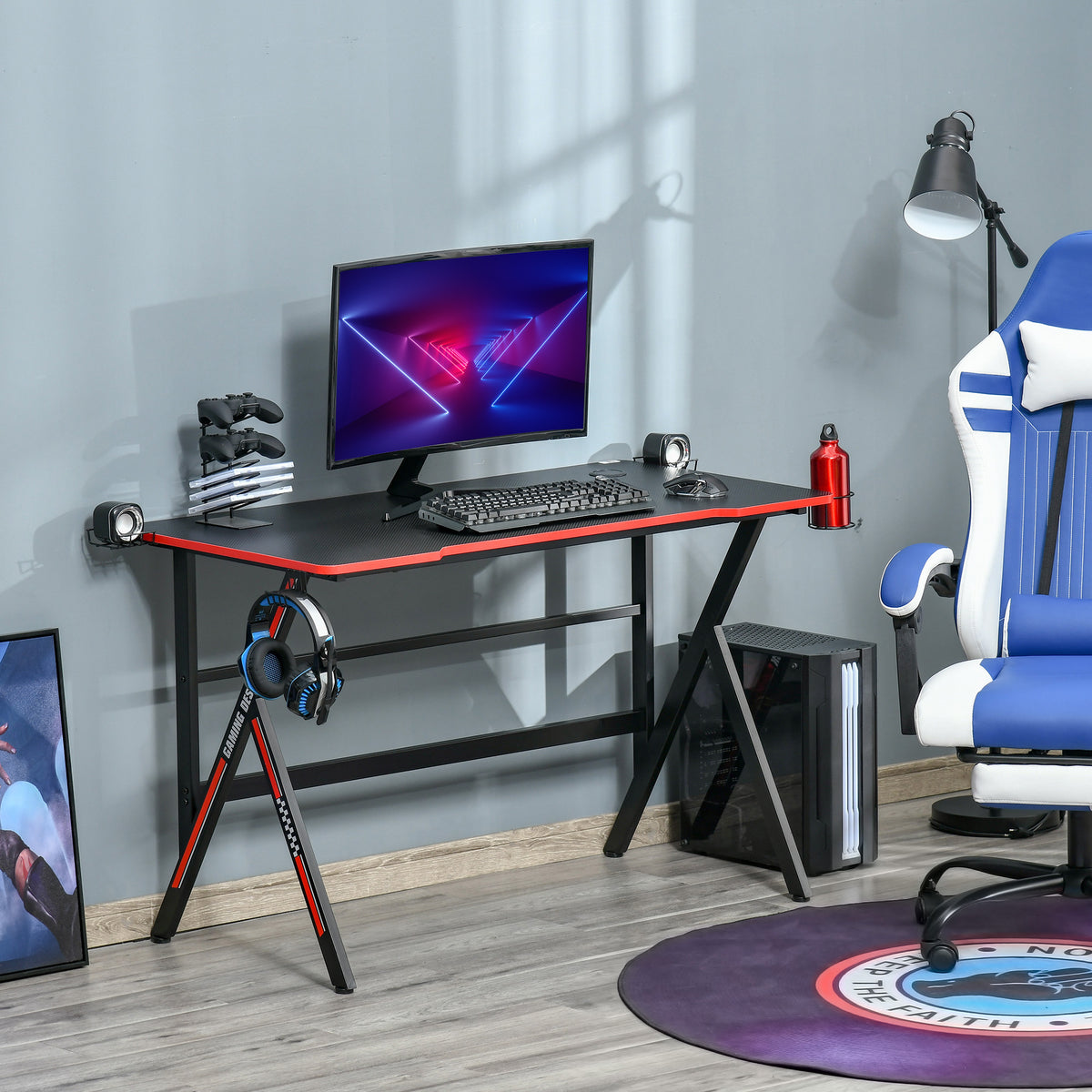 Bureau Gaming Racing 120cm – Plateau Texture Carbone, Support Casque, Brackets & Porte-Gobelet, Châssis Métal, Rouge & Noir