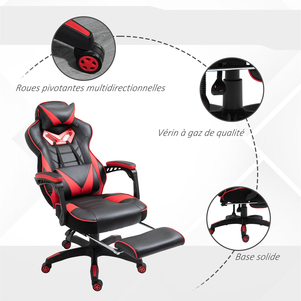 Fauteuil Gaming Racing Baquet – Repose-Pieds Rétractable, Coussins Têtedrière & Lombaires, Dossier 170°, Ergonomique, Rouge & Noir, 120kg