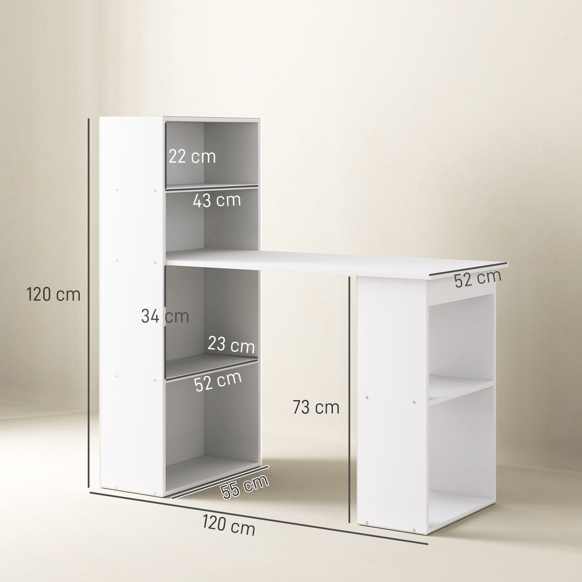 Bureau Informatique & Bibliothèque 2-en-1 – 120cm, 3 Niches & 2 Étagères, Panneaux Particules Veinage Bois, Blanc, Home Office