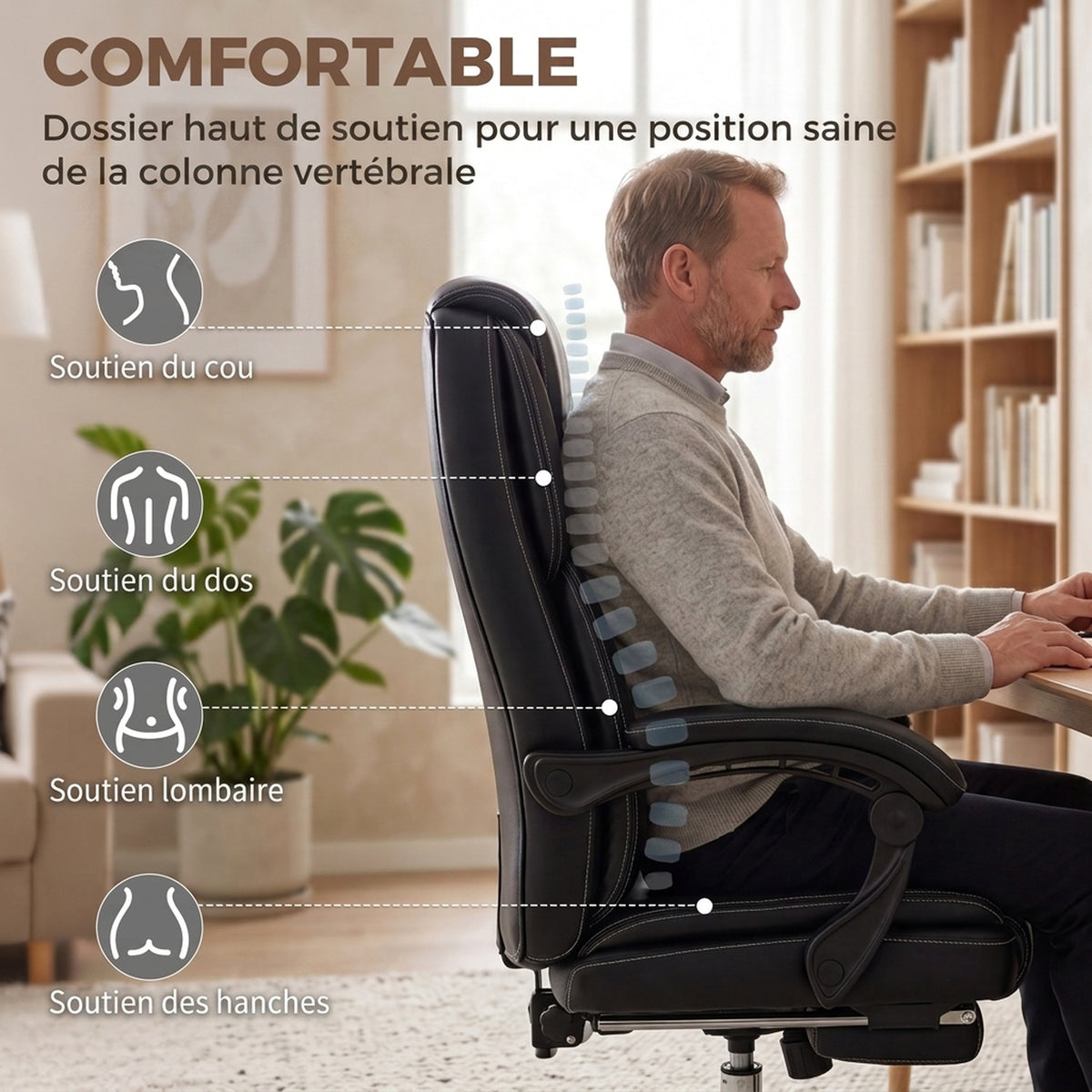 Fauteuil de Bureau Ergonomique Noir – Coussin Mousse 12cm & Ressorts Ensachés, Repose-Pieds, Inclinaison 135°, Hauteur Réglable, 120kg