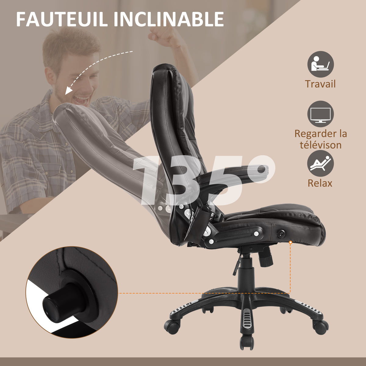 Fauteuil de Bureau Massant & Chauffant 6 Points – Ergonomique, Hauteur Réglable, Revêtement Synthétique, Brun, 120kg Max