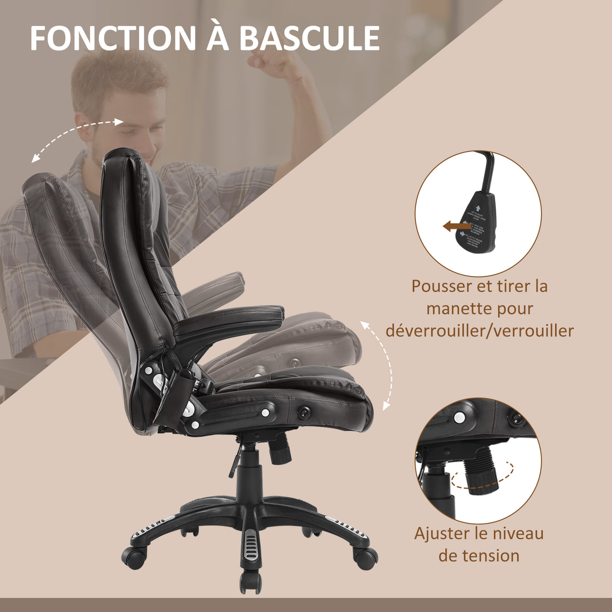 Fauteuil de Bureau Massant & Chauffant 6 Points – Ergonomique, Hauteur Réglable, Revêtement Synthétique, Brun, 120kg Max