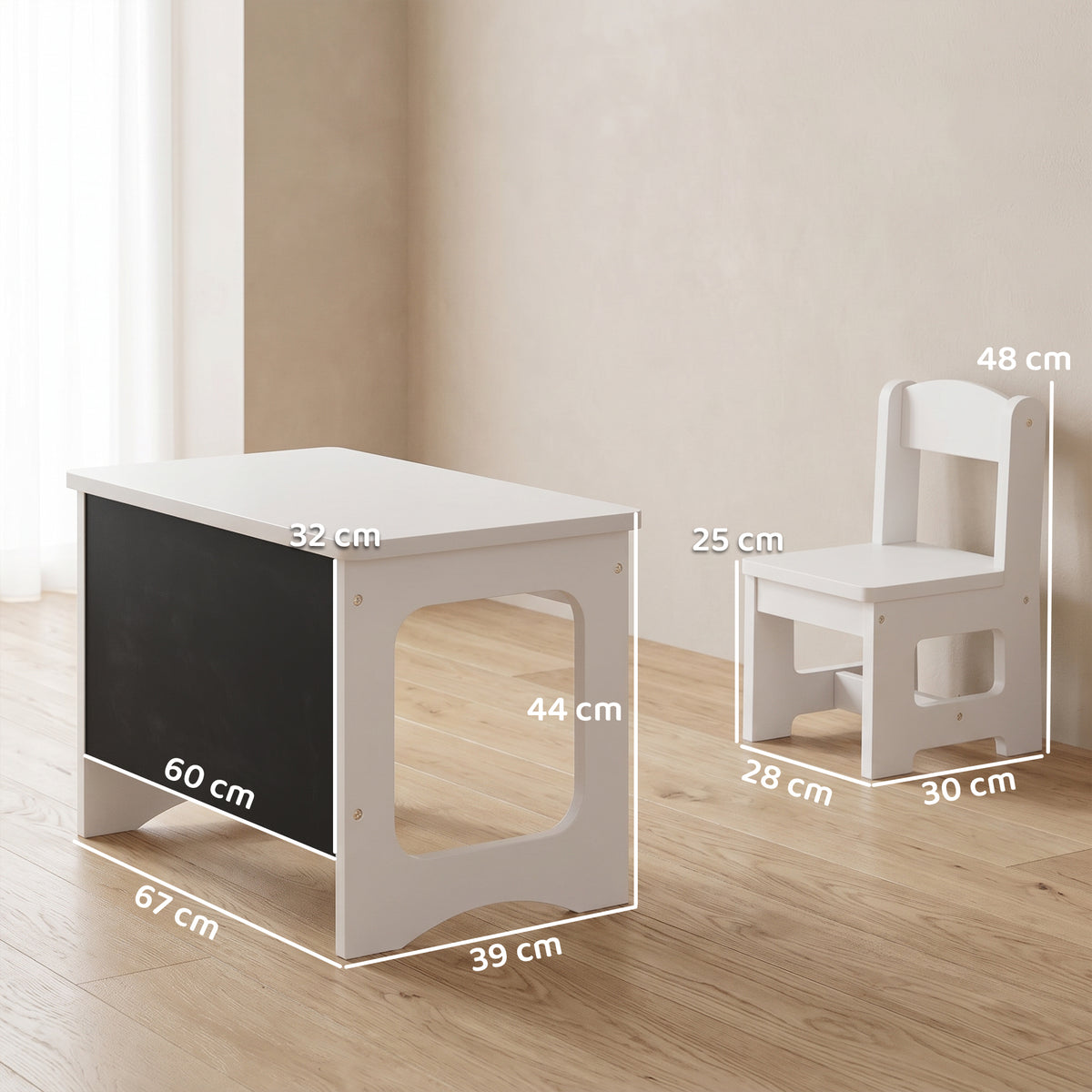 Ensemble Bureau & Chaise Enfant – Plateau Réversible Tableau Noir 2-en-1, MDF E1, Bords Arrondis, Blanc, 3-6 Ans