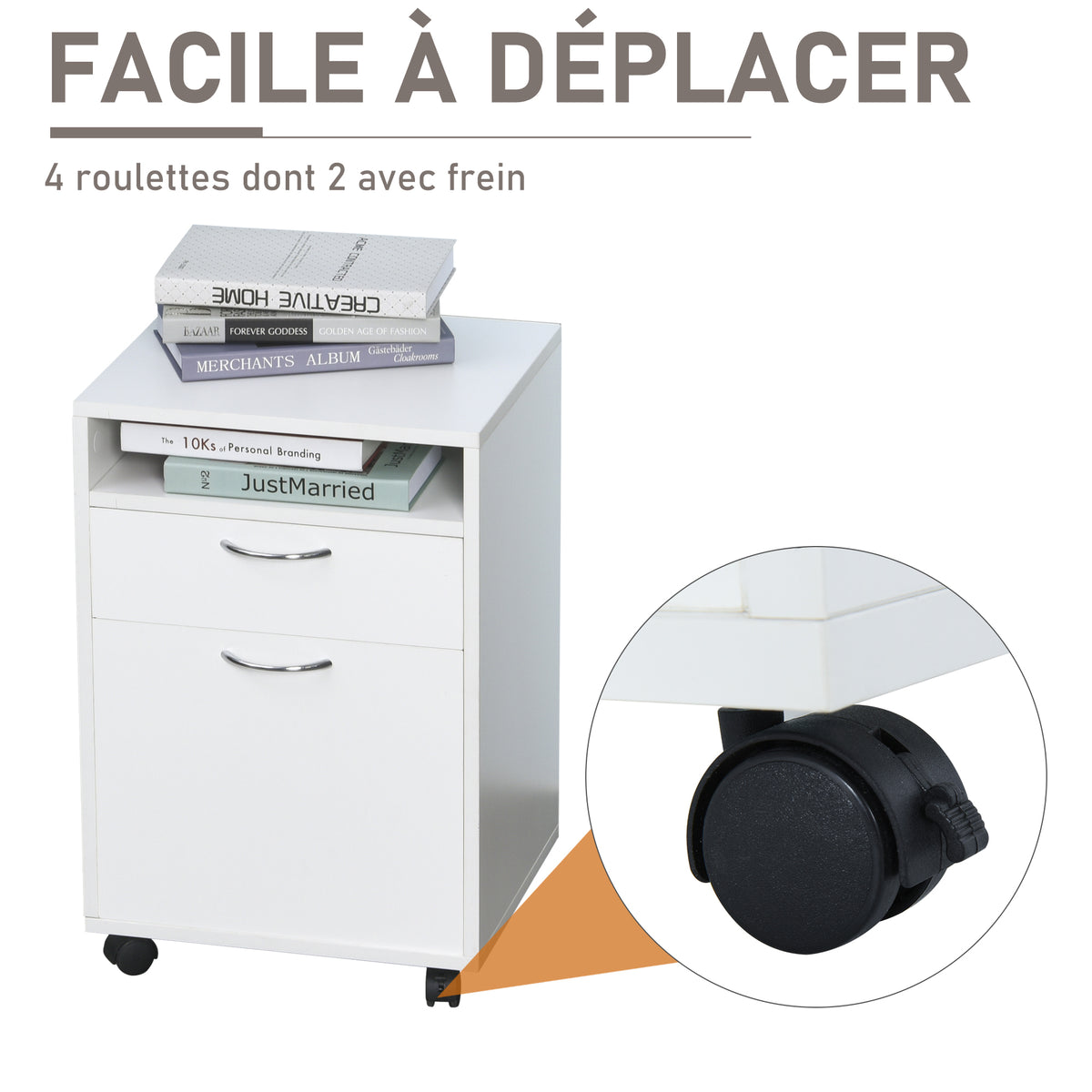 Caisson de Bureau sur Roulettes – Tiroir, Placard & Niche, 40x35x60cm, Design Moderne, Blanc, Home Office