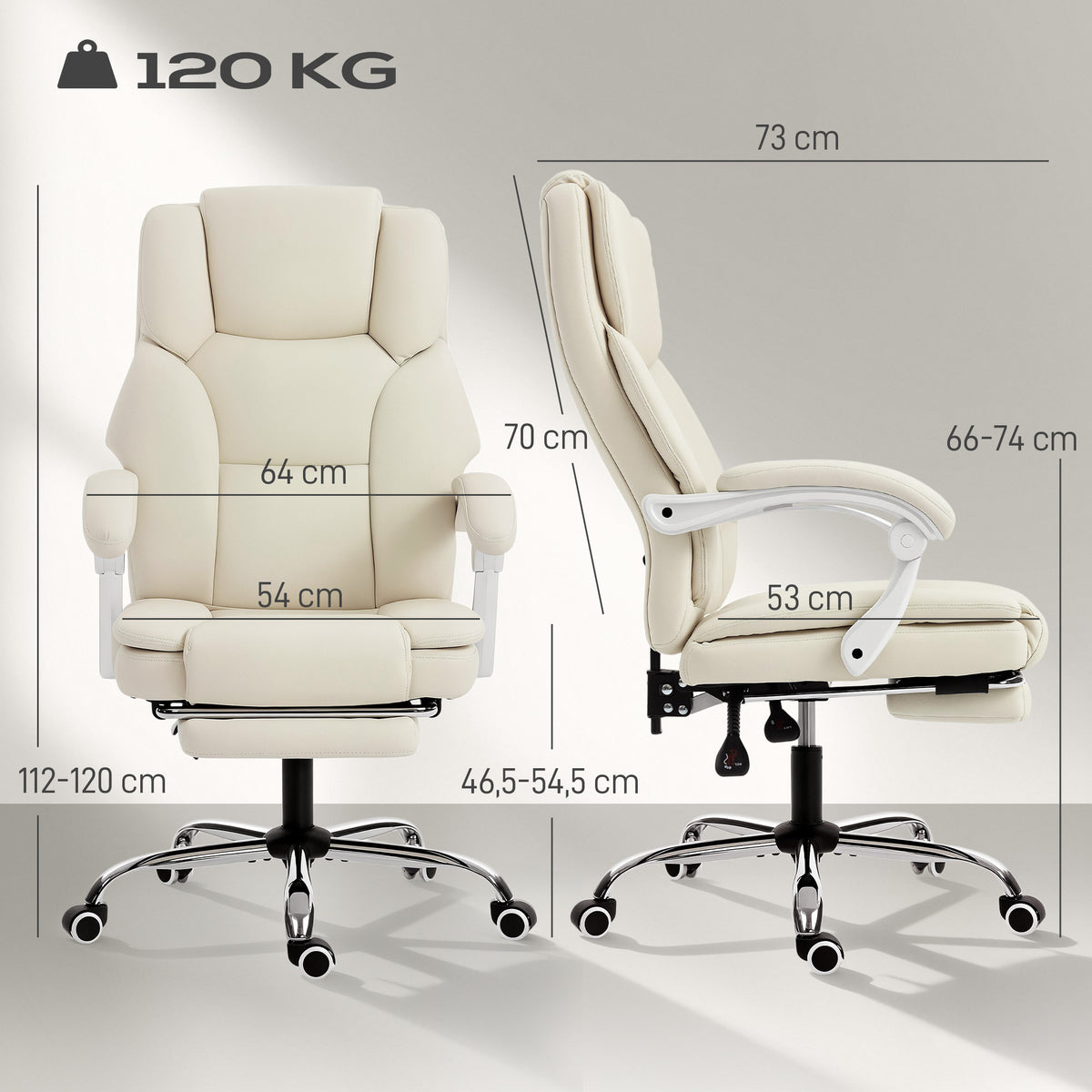 Fauteuil de Bureau Ergonomique Beige – Cuir Synthétique Anti-Griffures, Repose-Pieds, Inclinaison 155°, Mousse Haute Résilience, 120kg