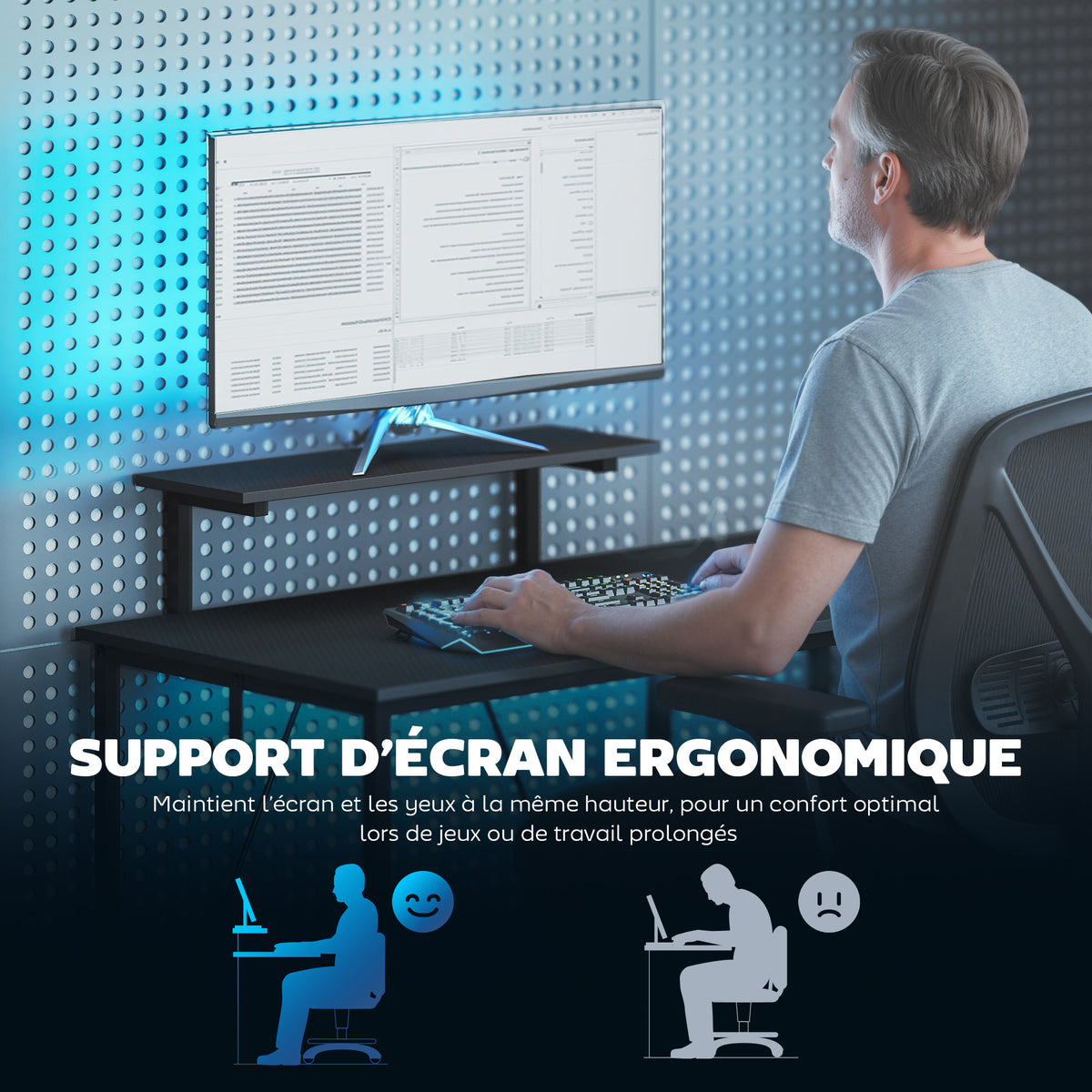 Bureau Gaming en L Réversible – Support Écran Intégré, Étagère Maille 3 Niveaux, 114.5x82x91.5cm, Acier & MDF, Noir