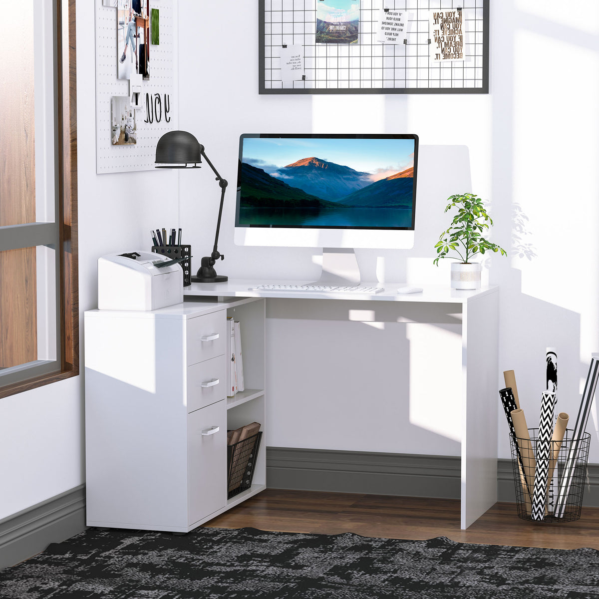 Bureau Modulable 2-en-1 – Angle ou Droit, 3 Tiroirs & 2 Niches, MDF Blanc, Petit Espace, Bureau & Salle à Manger
