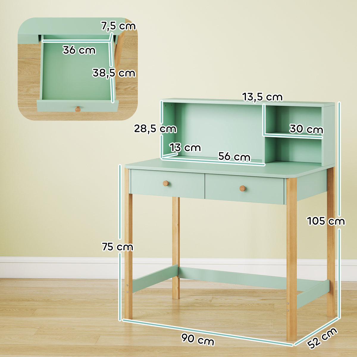 Bureau Enfant en Bois – 2 Tiroirs & 3 Compartiments, Plateau 90x37cm, MDF & Pin, Vert, 5-12 Ans, Norme EN71