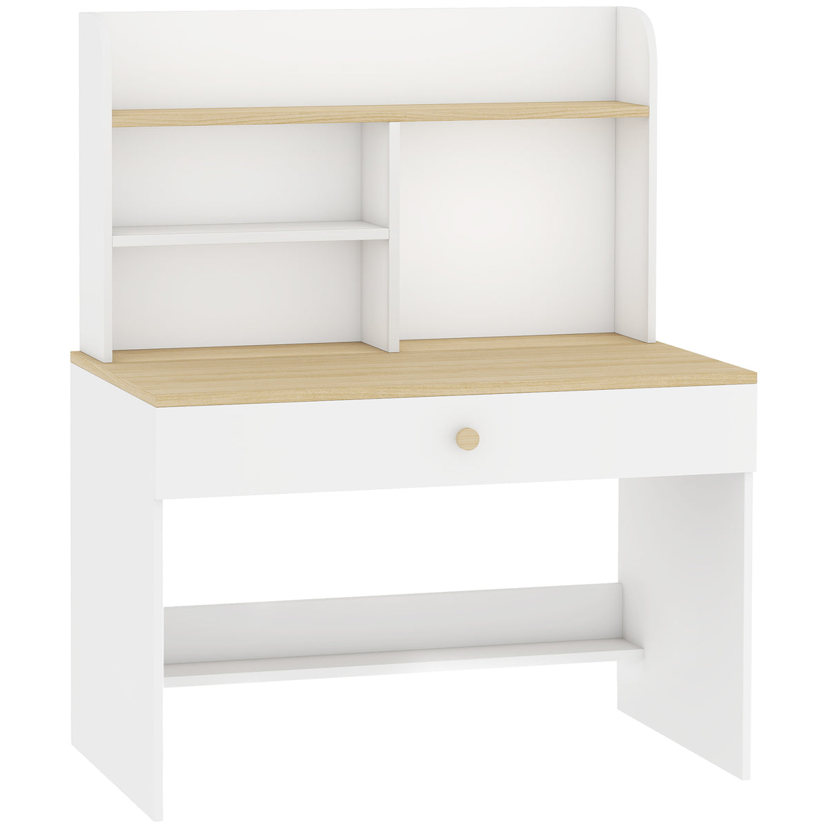 Bureau Enfant Blanc Effet Bois – Tiroir & Étagères Ouvertes, Plateau 80x48cm, MDF Mélaminé, 3-8 Ans, Norme EN71