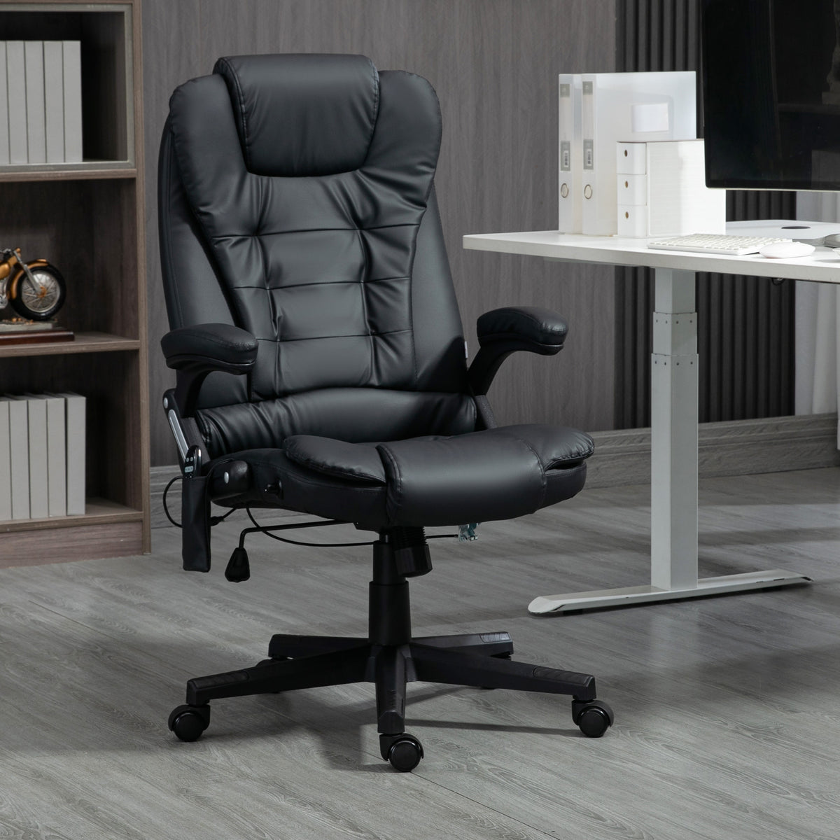 Fauteuil de Bureau Massant & Chauffant 6 Points – Ergonomique, Hauteur Réglable, Revêtement Synthétique, Noir, 120kg Max