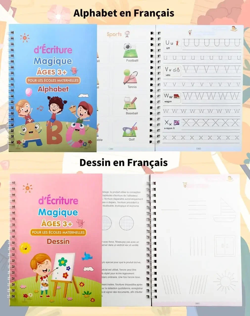 Cahier Magique Réutilisable – Alphabet, Chiffres, Maths & Dessin – Enfants – 4 Thèmes