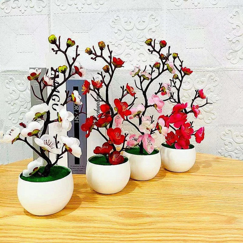 Bonsaï Artificiel Fleurs de Prunier – Plante Décorative en Pot 21x11 cm