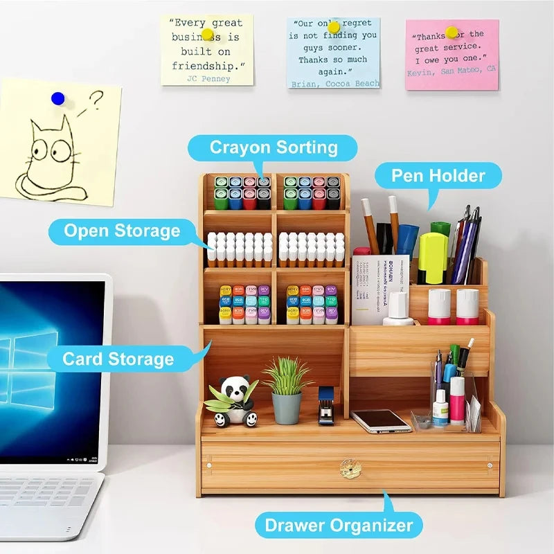 Organiseur de Bureau en Bois DIY – Porte-Stylos avec Tiroir, Grande Capacité, Noir ou Bois de Cerisier