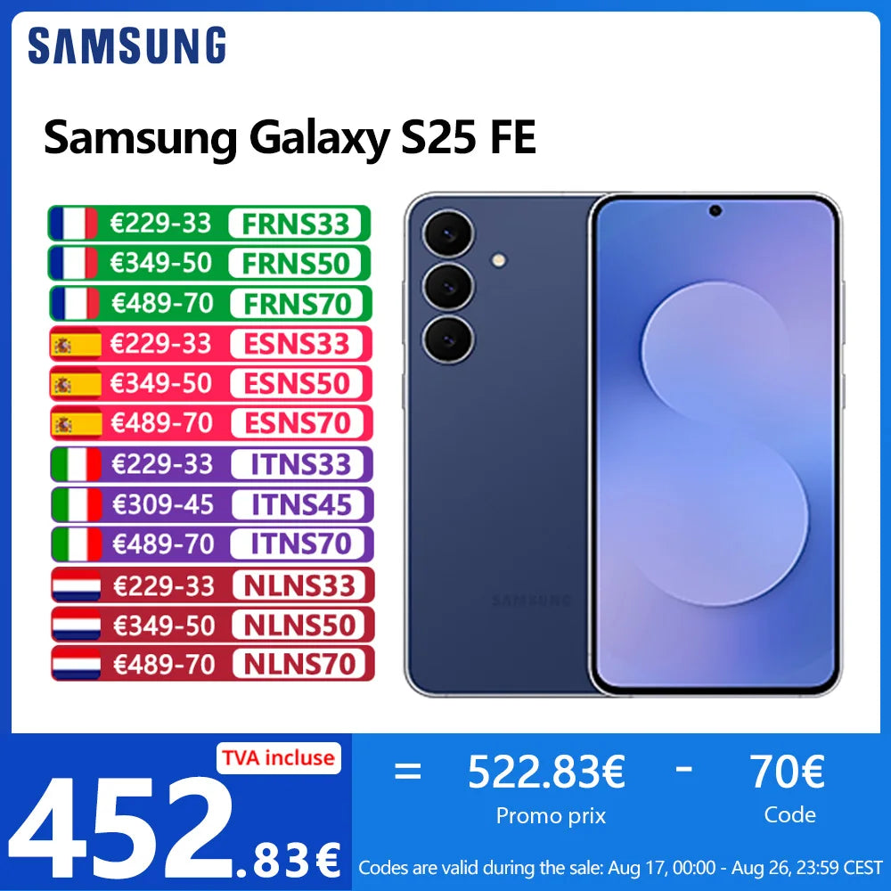 Samsung Galaxy S25 FE 5G – 6,7" 120Hz, Triple Caméra 50MP, Batterie 4900mAh, IP68, NFC