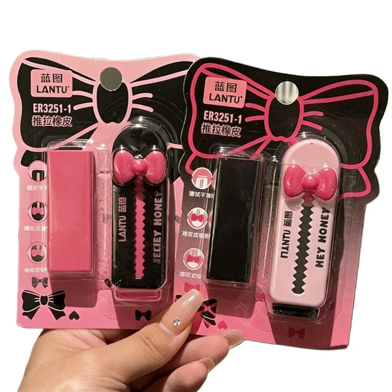 Gomme Kawaii Nœud – Design Push-Pull, Papeterie Scolaire (Rose / Noir)