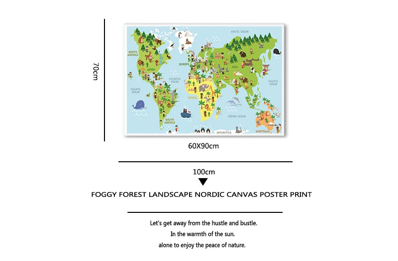 Poster Éducatif Enfant – Carte du Monde & Animaux, Impression Canvas, 14 Tailles, 2 Designs