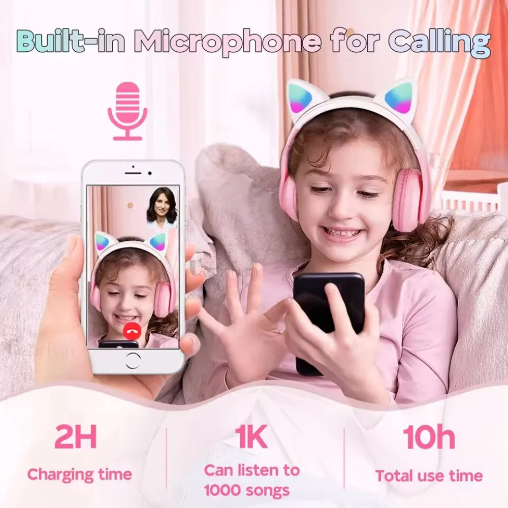 Casque Bluetooth Oreilles de Chat LED – Enfant Fille, Pliable, Sans Fil 5.0