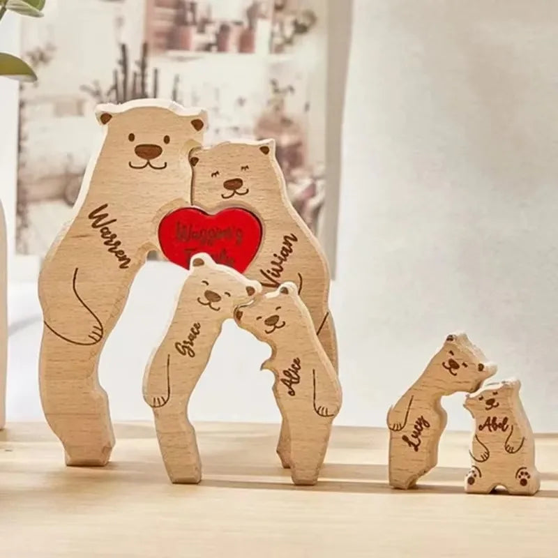 Puzzle en Bois Personnalisé Famille – Oursons avec Prénoms Gravés