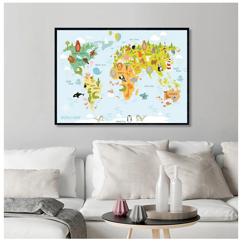 Poster Éducatif Enfant – Carte du Monde & Animaux, Impression Canvas, 14 Tailles, 2 Designs