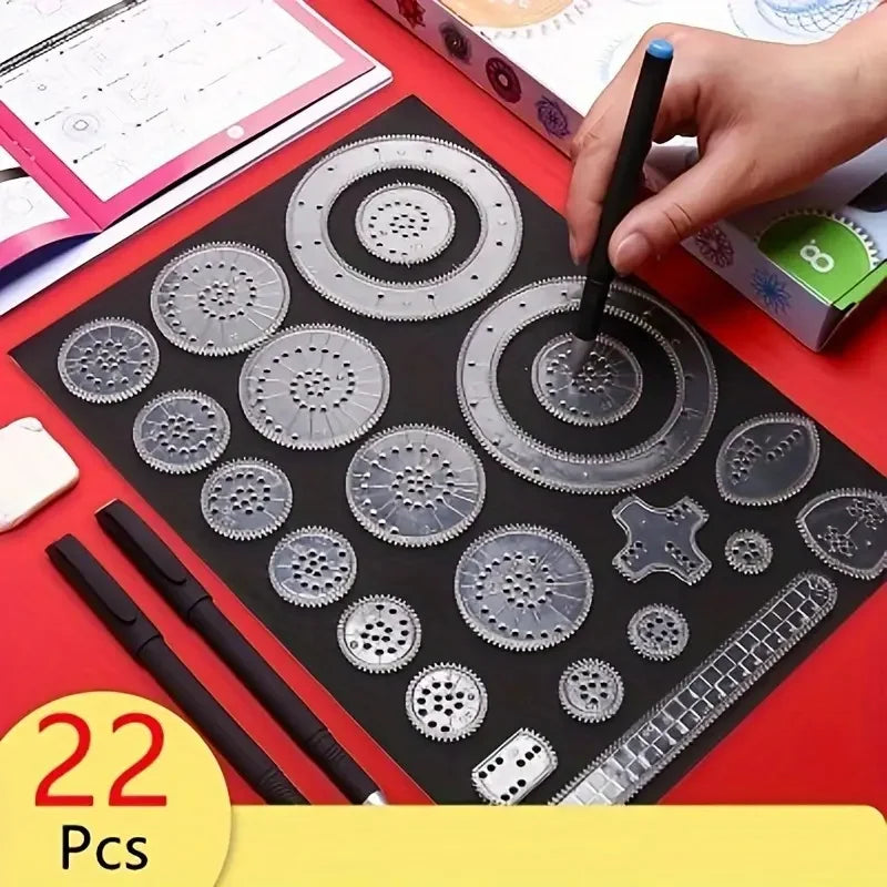 Set 22 Pièces Règles Dessin Engrenage – Pochoirs, Marqueur, Papier Noir, Designs Complexes