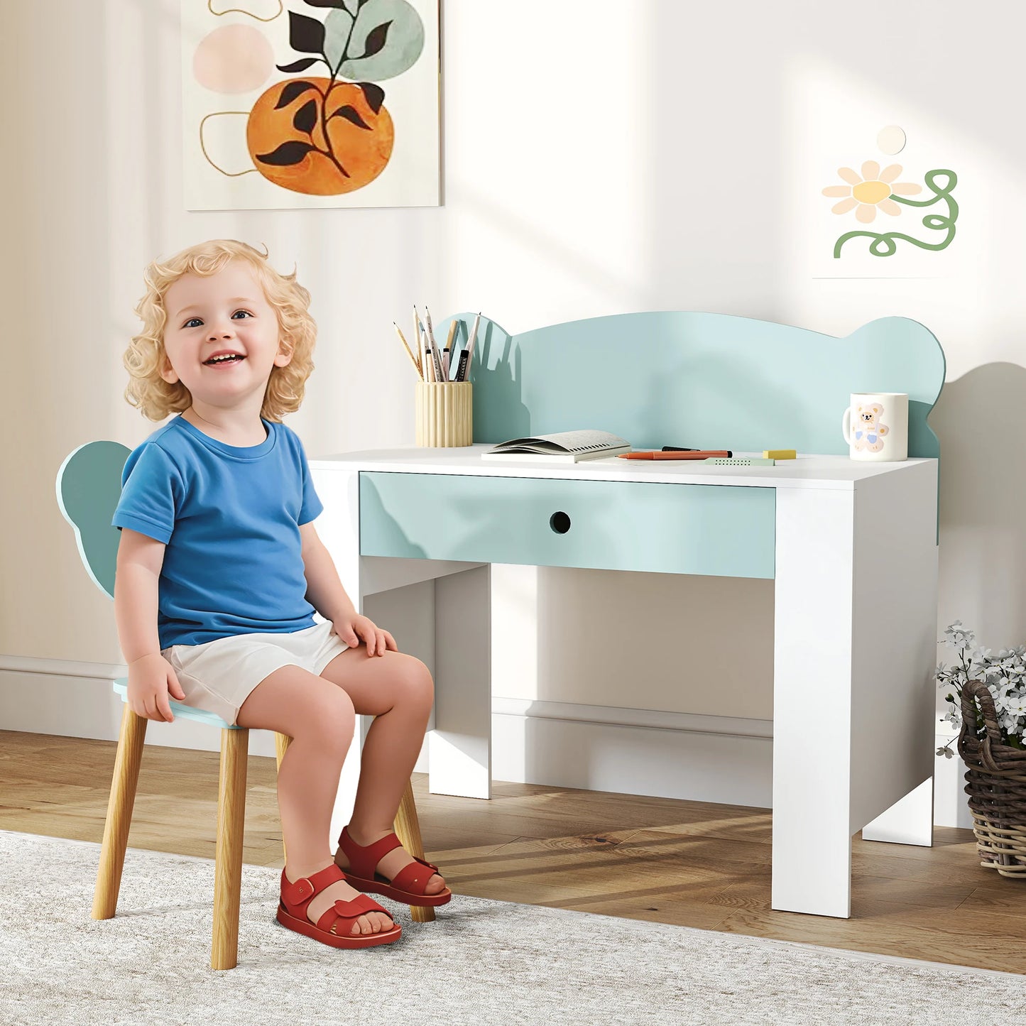 Ensemble Bureau + Chaise Enfant AIYAPLAY – Plateau 80 cm, Tiroir, Porte-documents Ourson, Vert, 3-8 ans