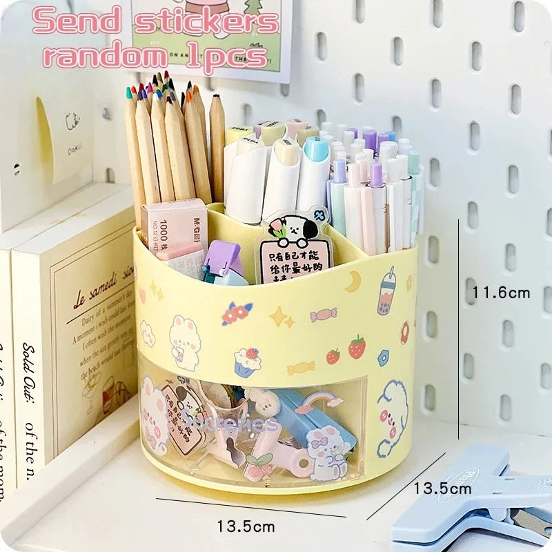 Porte-Stylos Rotatif avec Tiroir – Style Kawaii – Organiseur Bureau – 10 Coloris Pastel