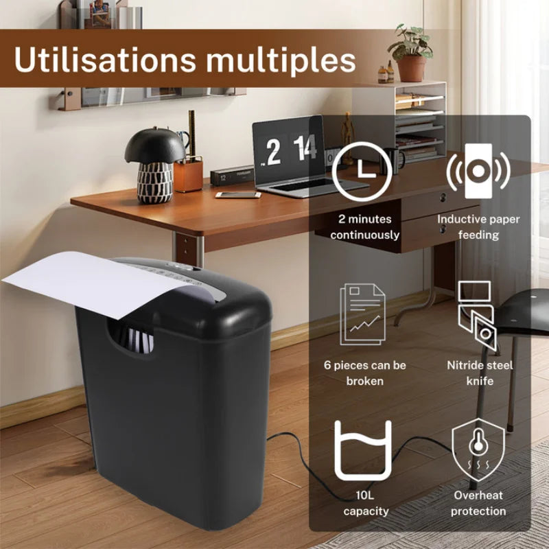 Destructeur de Documents Électrique Mini 190W – 6 Feuilles, Coupe en Bandelettes, Bac 10L, Bureau & Maison