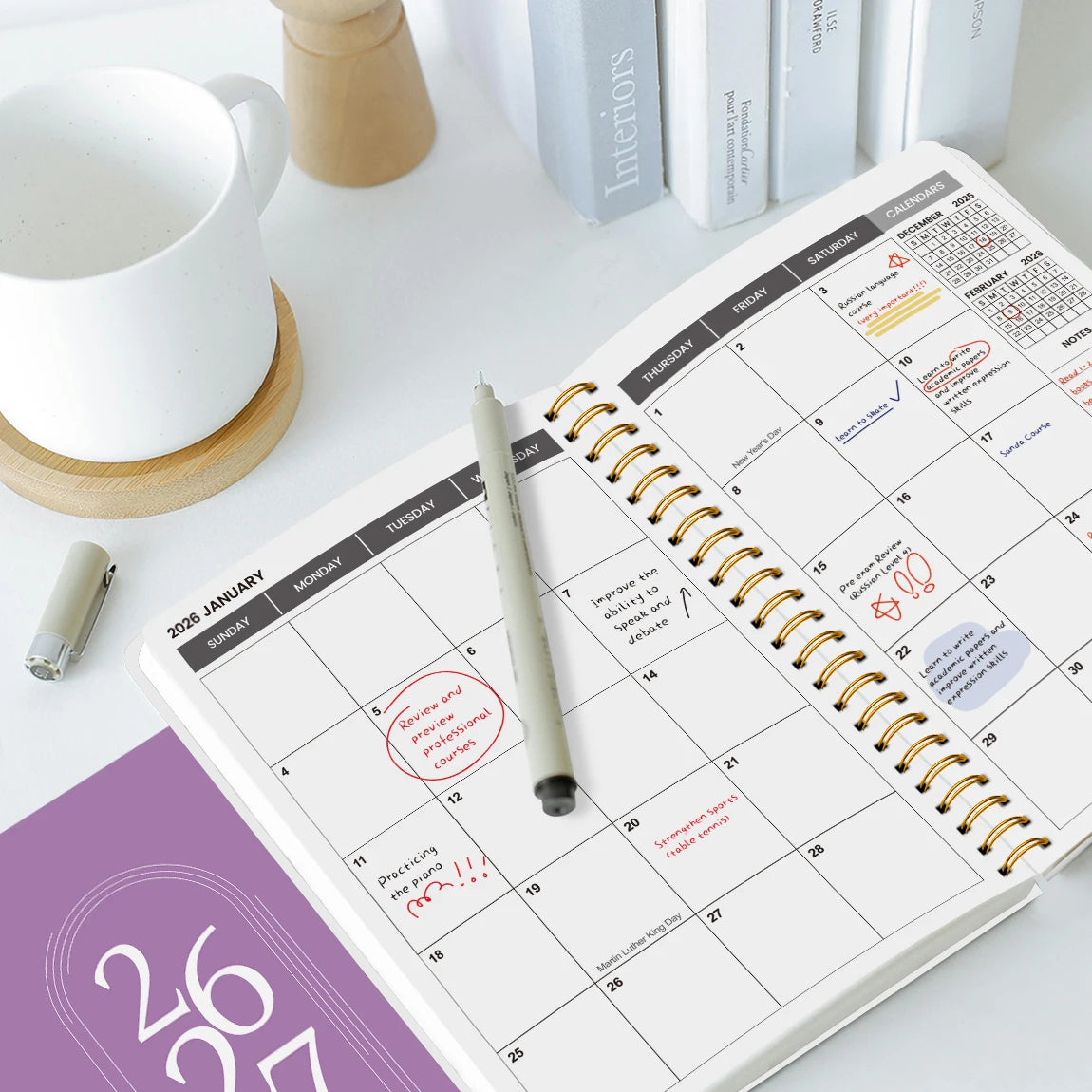 Agenda Planner A5 2026-2027 – Hebdomadaire & Mensuel, Spirale Dorée, 9 Coloris