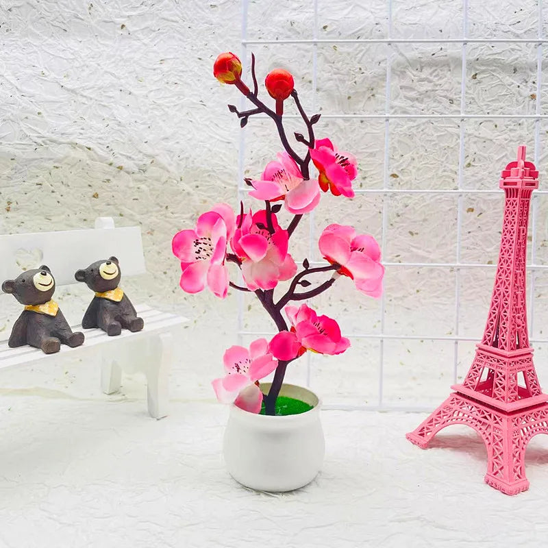 Bonsaï Artificiel Fleurs de Prunier – Plante Décorative en Pot 21x11 cm