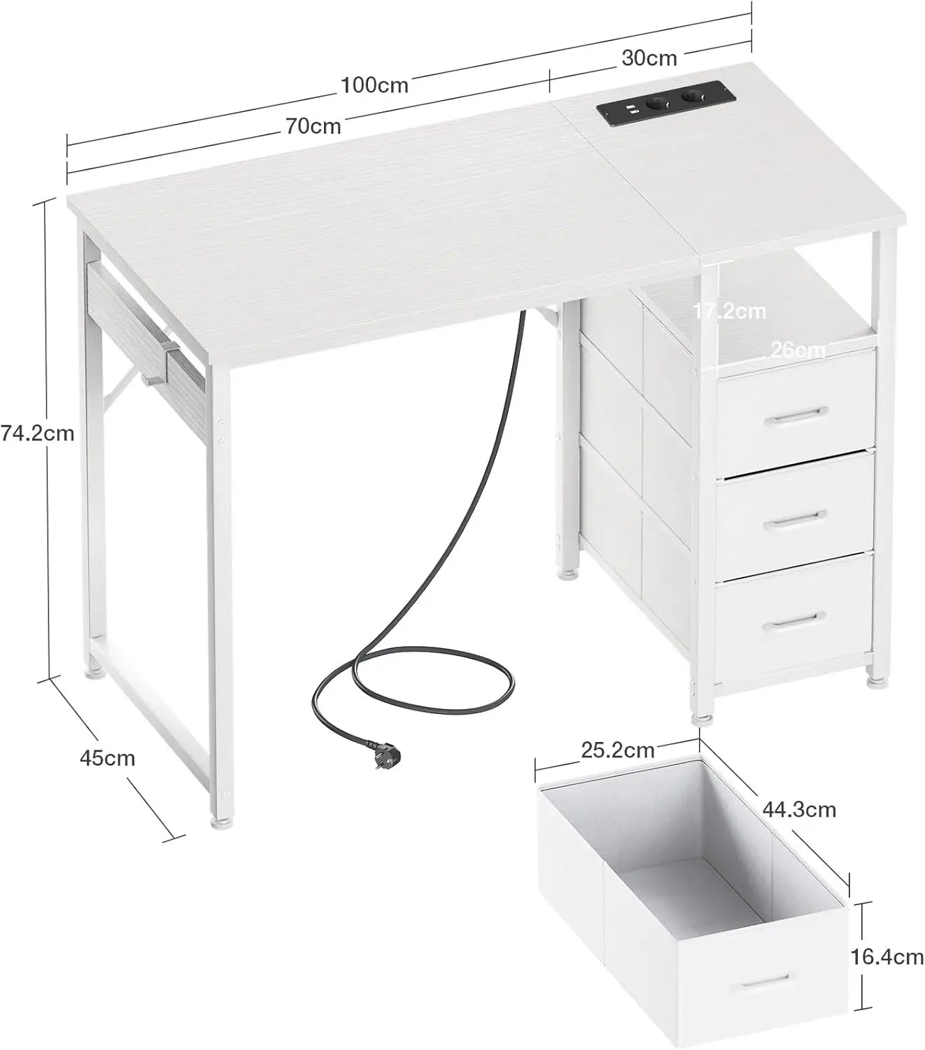 Bureau d'écriture Coleshome avec 3 tiroirs en tissu – Prises USB intégrées, 120x48x75,5 cm