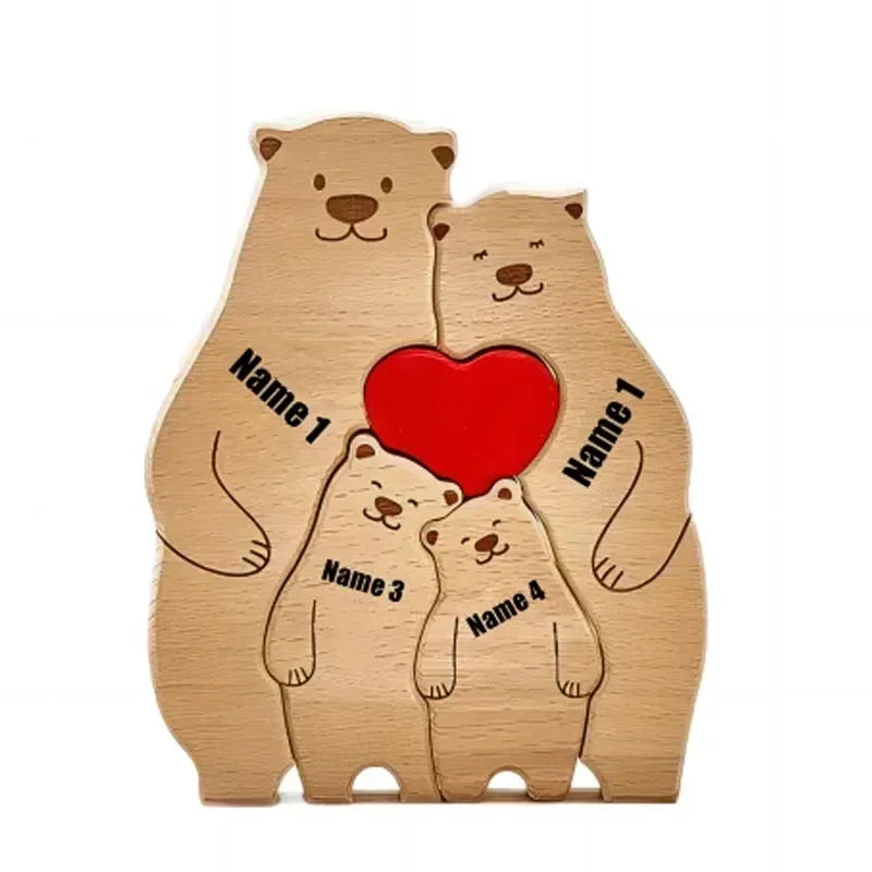 Puzzle en Bois Personnalisé Famille – Oursons avec Prénoms Gravés