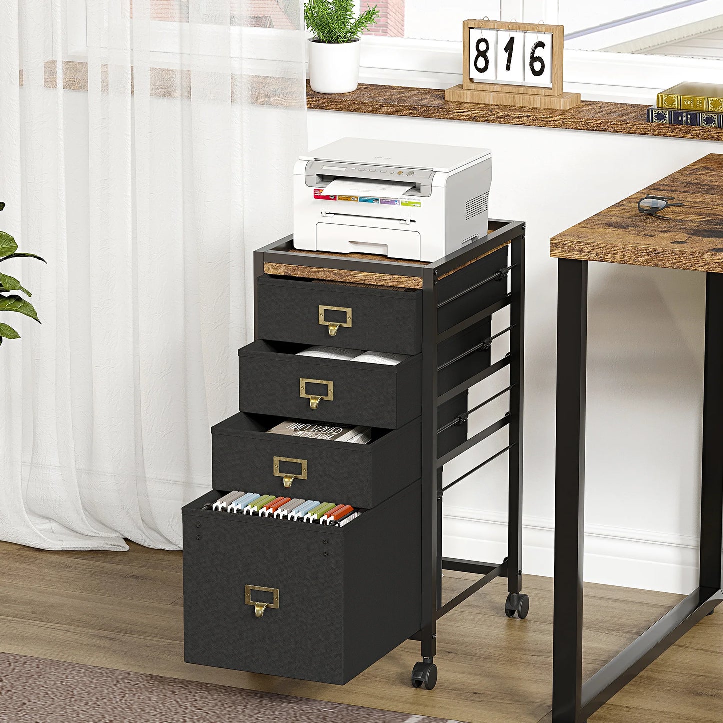 Caisson Mobile à Tiroirs en Tissu – Format A4/Lettre, Roulettes avec Frein, Rangement Bureau