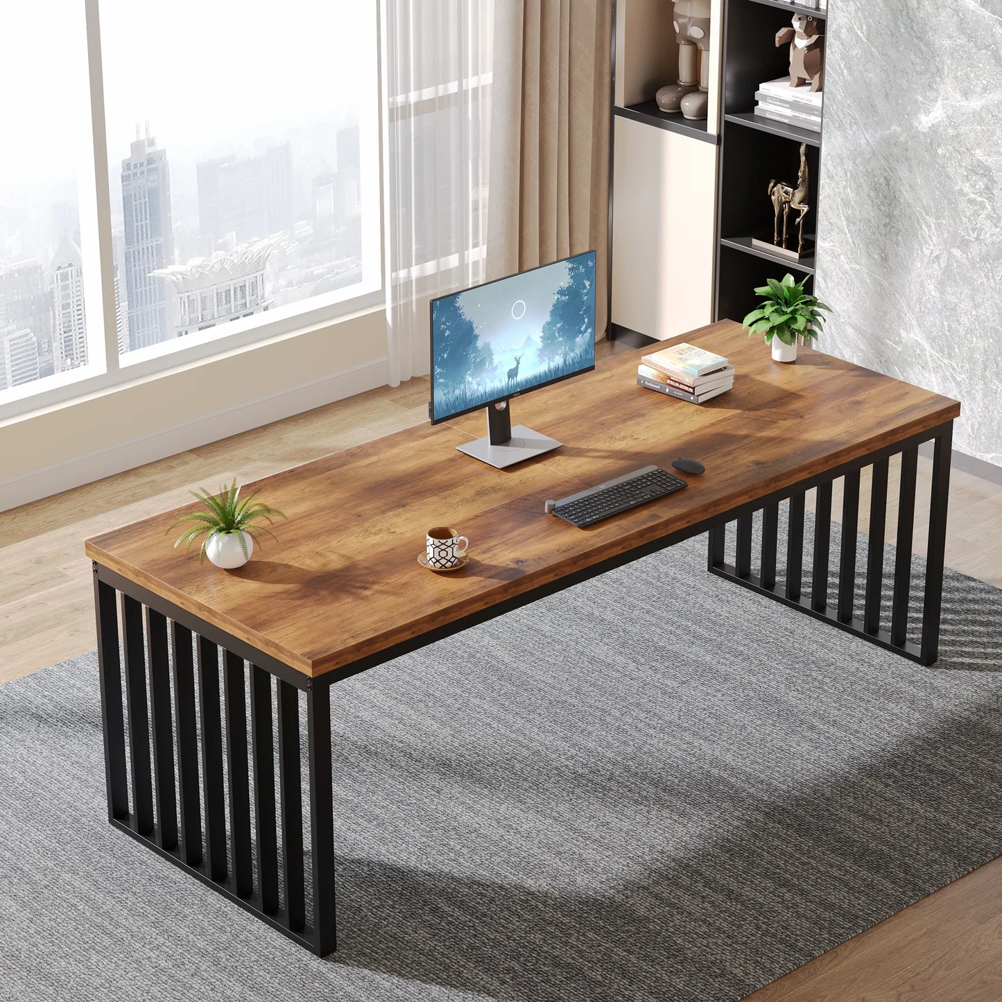 Bureau Tribesigns 2 Personnes 180 cm – Cadre Métal Style Industriel