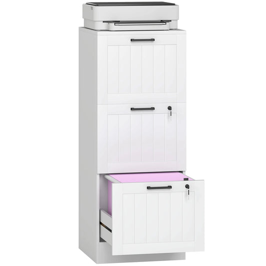 Caisson de Bureau HOMCOM 3 Tiroirs avec Serrures – Classeur A4, Support Imprimante, 40x40x101 cm Blanc