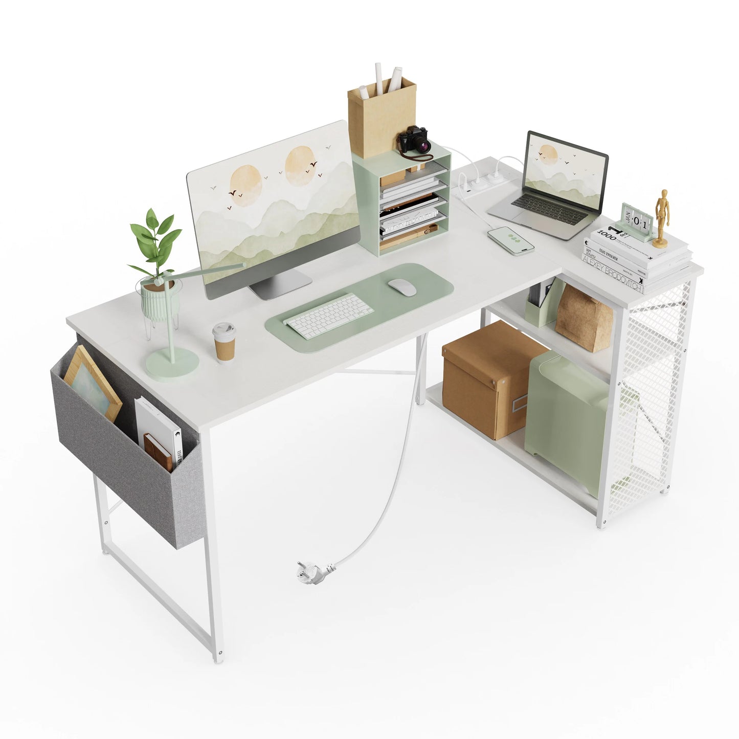 Bureau Gaming en L – Angle, Prise Secteur & USB, Tablette Moniteur, Noir Blanc Marron