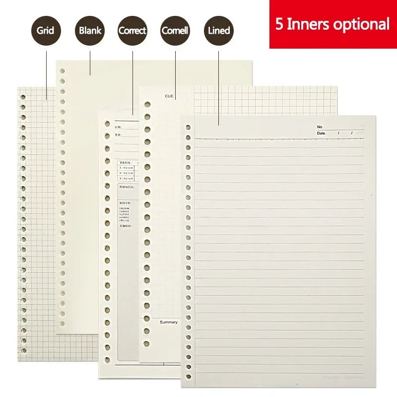Classeur à Feuilles Mobiles A4, A5 ou B5 – 60 Feuilles – Couverture PVC – Ligné, Quadrillé, Vierge, Cornell & Anglais