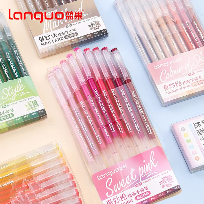 Stylos Gel Languo – Grande Capacité, 0,6 mm, Lot de 6 ou 9, Kawaii Art & Doodle, Papeterie Étudiant