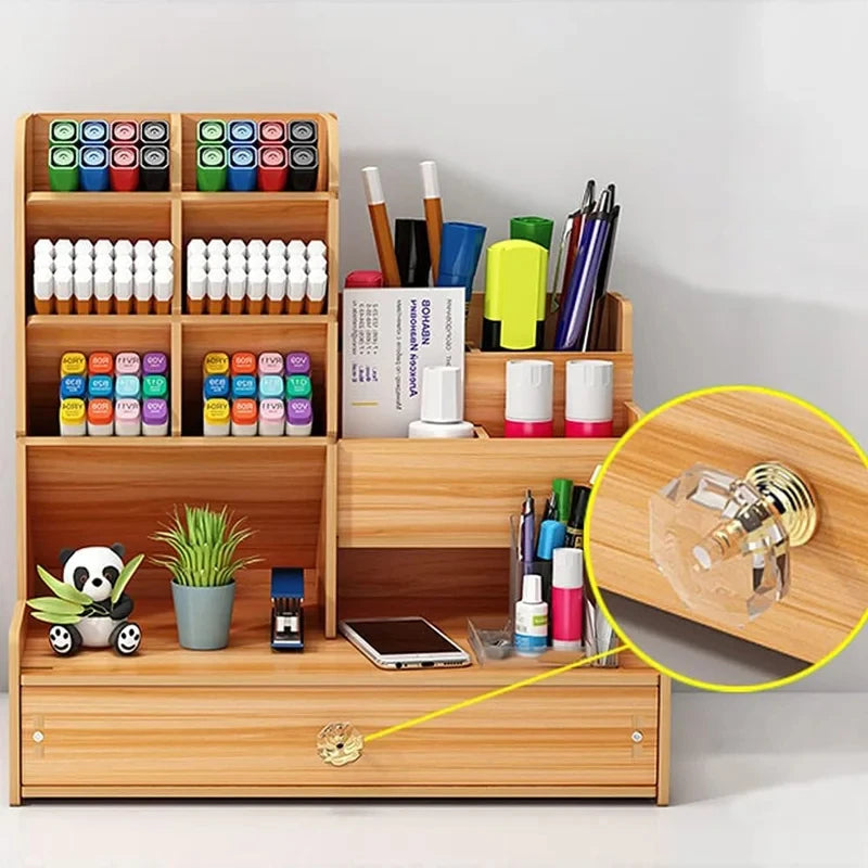 Organiseur de Bureau en Bois DIY – Porte-Stylos avec Tiroir, Grande Capacité, Noir ou Bois de Cerisier
