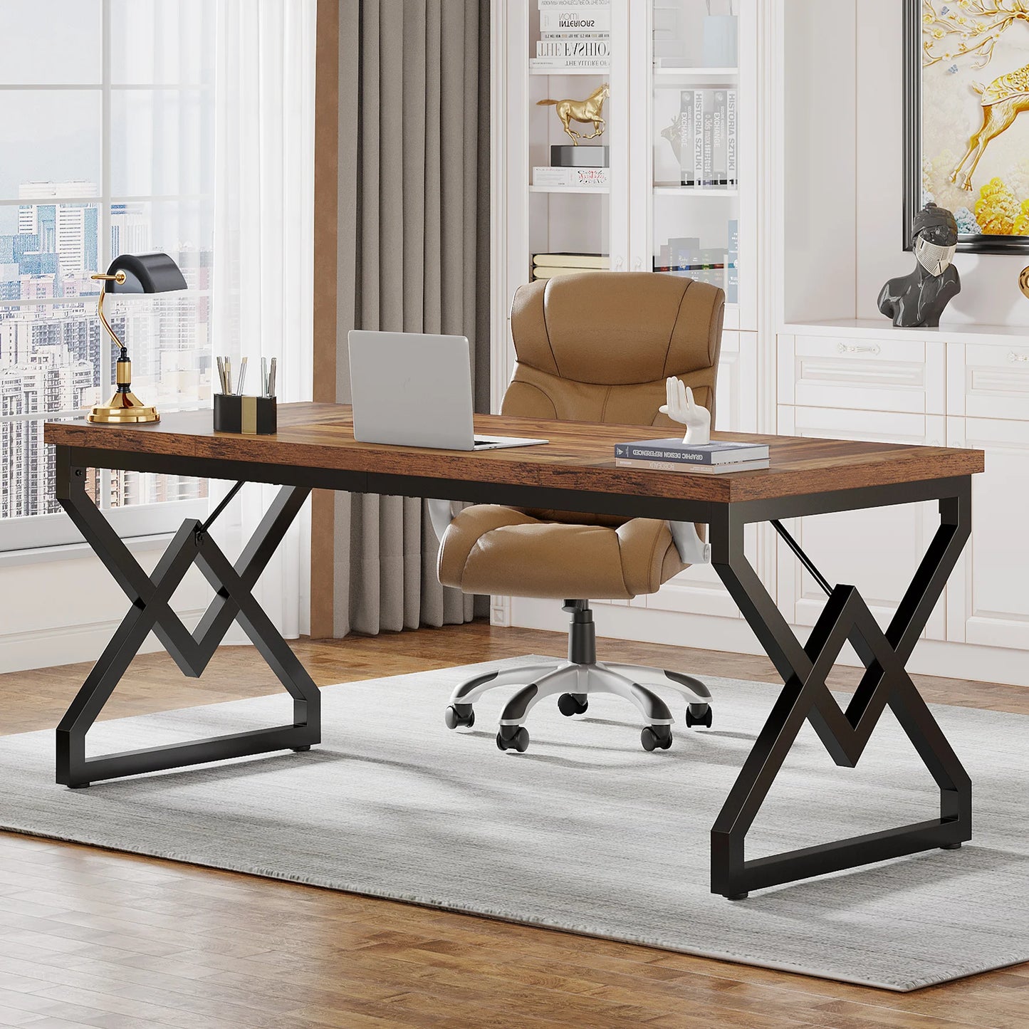 Bureau Exécutif Tribesigns 160cm – Grand Bureau Informatique, Plateau Bois Épais, Pieds Métal, Chêne
